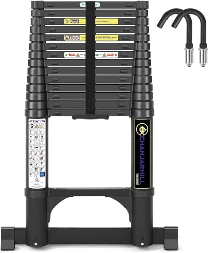 Aluminium Teleskopleiter 4,4m - Hochwertig Alu Ausziehbare Leiter mit Stabilisator und Abnehmbaren Haken, Robust Tragbar Ausziehleiter Anlegeleiter Stehleiter Haushaltsleiter Mehrzweckleiter