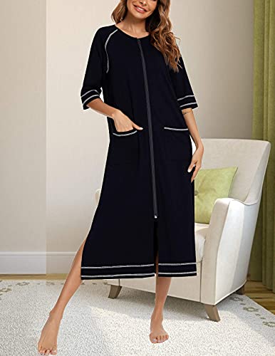 Image of Veseacky Women Robe Zipper Front House Coat 3 /4 Sleeve Nightgown Full Length Ladies Lounge Dress with Pockets S-XXL