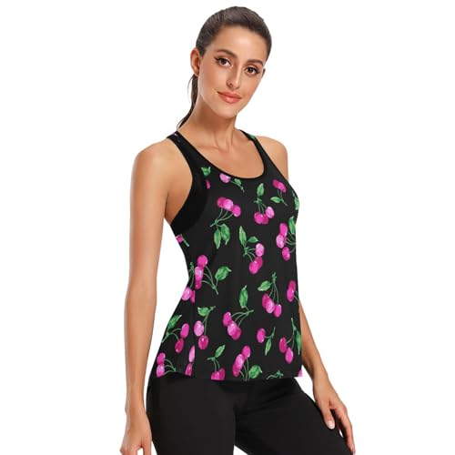 Regatas de treino Planta Fruta Roxa Preta Mulheres Costas Abertas Laço Costas Muscular Regata Corrid