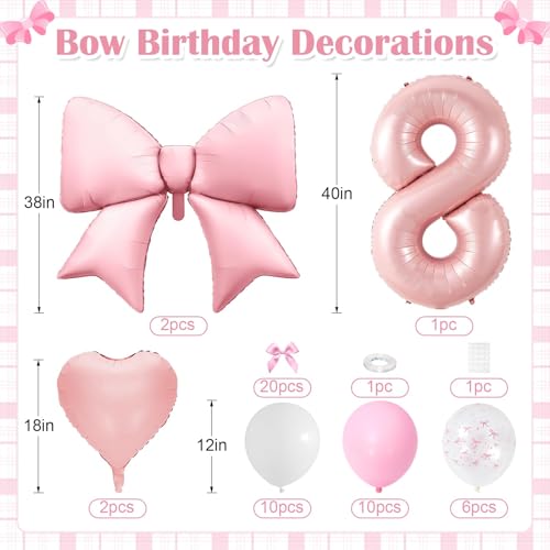 Image of 8th Birthday Decorations for Girl,Pink 8 Balloons for Party Decorations | 8 Year Old Birthday Decoration,Anniversary Party Decor,Pink White Balloons,Bow Print Balloons,Heart Balloons
