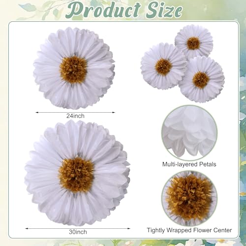 Image of Chunful 5 Pcs 30'' 24'' Gaint Daisy Tissue Paper Flowers Decor White Wonderland Large Hanging White Tissue Paper Pom Poms Decor for Wonderland Daisy Birthday Bachelorette Wedding Baby Shower Party