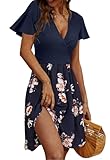 Joligiao Vestido Verano Mujer Vestidos Manga Corta con Cuello en V Elegante Vestido de Playa de Verano Estilo Imperio Informal Vestidos Línea A con Bolsillos Ligero Midi Bohemio Vestido(Marrón,L)