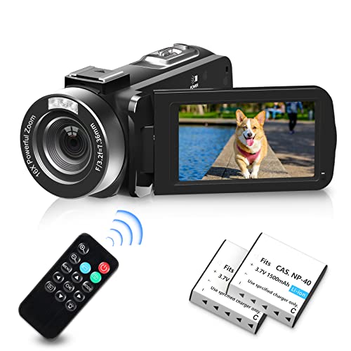 Video Camera Camcorder, 2.7K 30FPS Digital Video Camera for YouTube with 2 Battries IR Night Vision Remote Control 30MP 3 in 270 Degree Rotation Screen