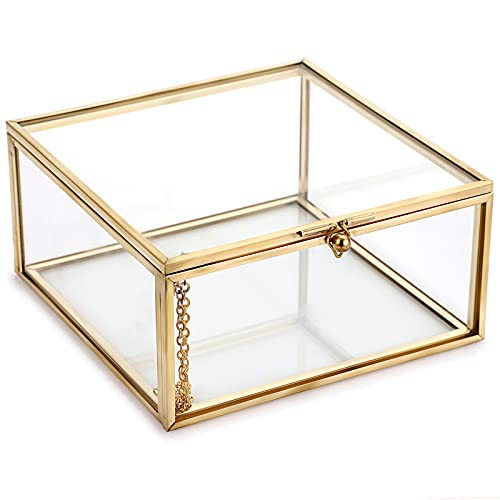 Hipiwe Vintage Glass Jewelry Organizer Box - Golden Metal Keepsake Box Desktop Jewelry Organizer Holder, Wedding Birthday Gift, Square Vanity Decorative Box for Dresser,Bathroom