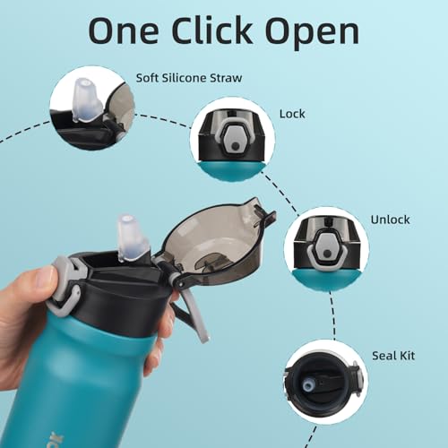 Image of BJPKPK 14 oz Insulated Water Bottle, Straw, Handle, Stainless Steel Flask | Leak Proof Locking Lid, Double Wall Vacuum, Keeps Hot /Cold, BPA Free, Dishwasher Safe, Travel & Sports, Laguna