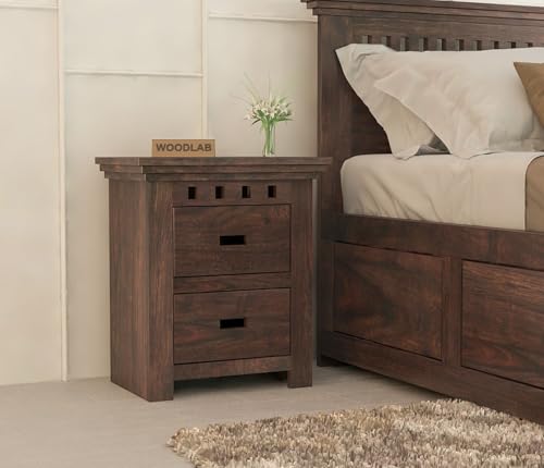 Image of WOODLAB Solid Sheesham Wood Bedside End Table with 2 Drawer Storage for Bedroom Wooden Nightstand Table Home Office (Kuber Walnut Finish)