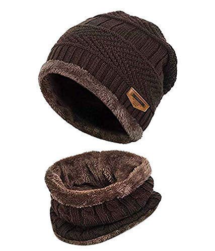 zeki 2 Pieces Neck Scarf Set Warm Knitted Fur Lined Winter Beanie Cap for Men and Women (Brown)-picture-33