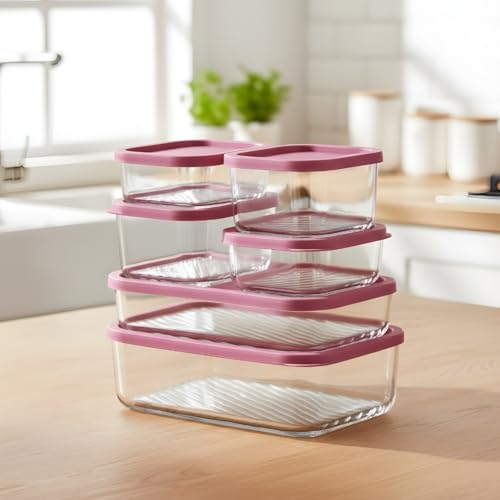 Image of Femora Borosilicate Glass Food Storage Containers with Lids Set of 7 (310ml x2, 520ml x2, 750ml, 1200ml, 1700ml) | Rectangular, Airtight & Leakproof | Microwave & Dishwasher Safe | Maroon