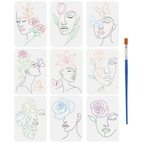 FINGERINSPIRE 9Pcs Line Floral Female Stencil with Brush, 297x210mm/11.7x8.3inch Reusable Modern Minimalist Abstract Women Stencil Floral Female Face Pattern Plastic Stencils for Home Wall Art Decor