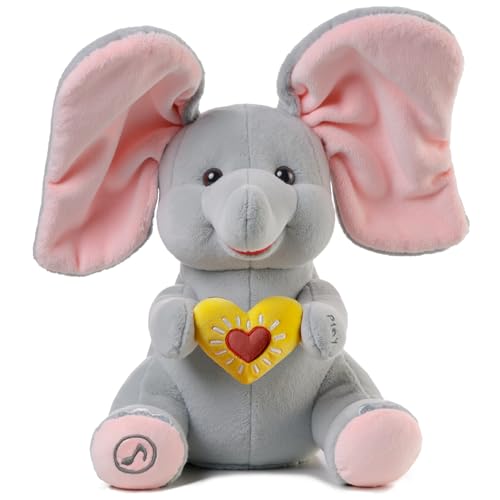 eJog Pup Peek a Boo Elephant Toy, Interactive Singing Plush Elephant Toy with Flapping Ears and Hearts, Musical Stuffed Animal for Babies and Toddlers