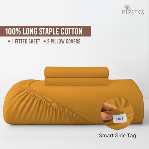 Image of Pizuna 100% Cotton Fitted Bedsheets Queen Size, 400 Thread Count Long Staple Cotton Sateen Fitted Bedsheet 63x78 Inch with 2 Pillow Covers, Honey Gold Queen Size Elastic Fitted Bedsheets fits 12 Inch