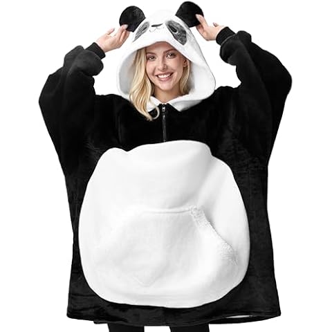 Giggling Getup Panda Wearable Blanket Hoodie - Oversized Soft Sherpa Fleece Hooded Blanket - Warm Cozy Plush Flannel Blanket Sweatshirt Gifts - with Giant Pocket and Sleeves for Adults Women Men Cover