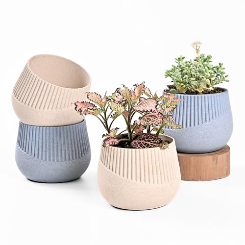 Image of Eha Earth Friendly Oreo 4 inch Small pots for Indoor Plants | Set of 4 | Plant Pot Made with Bamboo Fibers | Table Top Planters for Home Decor and Office, Flower Pot for Living Room | Azure-Sand