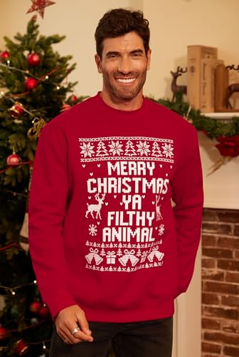 Arvilhill Men's Christmas Sweatshirt Fleece Crewneck Graphic Xmas Reindeer Cotton Pullover Red L2