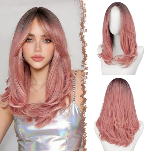 FESHFEN Lace Front Hairline Wigs with Bangs, Synthetic Natural Looking Long Layered Straight Hair Wig for Women Daily Party Costume, 18 inch Ombre Pink
