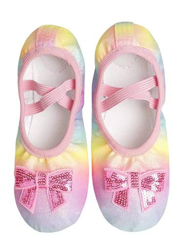 Dance Shoes for Girls Pink Ballet Flats Rainbow Glitter Ballerina Slippers with Elastic Laces