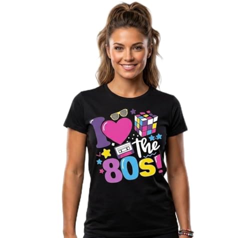 Womens T-Shirts Oversized Tops for Women 80s Letter Printed Round Neck Ladies Cewneck Cotton T-Shirt Top Short Sleeve Retro Summer Sizes S-XXL (UK Alpha XL Regular Regular Design A- Black)