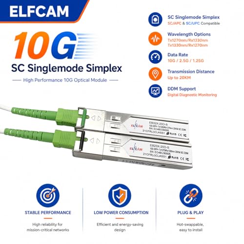 Image of Elfcam - 1 Pair 10G SFP+ BIDI Transceiver Module with SC Fiber Port Simplex Single-Mode, Support 10Gb /2.5Gb /1.25Gb, Compatible with Cisco and Open Switch, DDM 20km