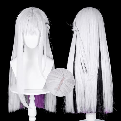 Image of Xuzhao Anime White Mixed Purple Black Long Straight Wigs with Side Braid&Bangs Women Nihi Lux Style Cosplay Costume Halloween,Game Show,Party