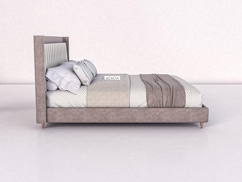 Image of Acacia Modern Upholstered King Size Bed for Bedroom | Wooden Double Bed | Platform Cot Bed with Upholstery Premium Fabric | 6.5 x 6 Ft | Sheesham Solid Wood (Rosewood, Browndust)