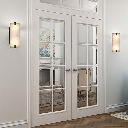 Image of 2 Pack 2 Light 12.7 inch Oval Natural Oval Alabaster Bathroom Wall Sconce Modern Concise Style Wall Light Fixture,Black Finish for Bedroom Hallway Bedside Living Room