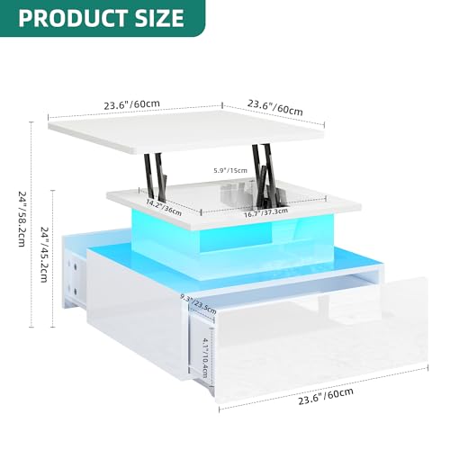YITAHOME Coffee Table with Lift Top, 60x60x45cm, High Glossy Lift-Up Coffee Table with LED Light String and 2 Drawers, Modern Wooden Square Tea Table for Living Room - Image 2