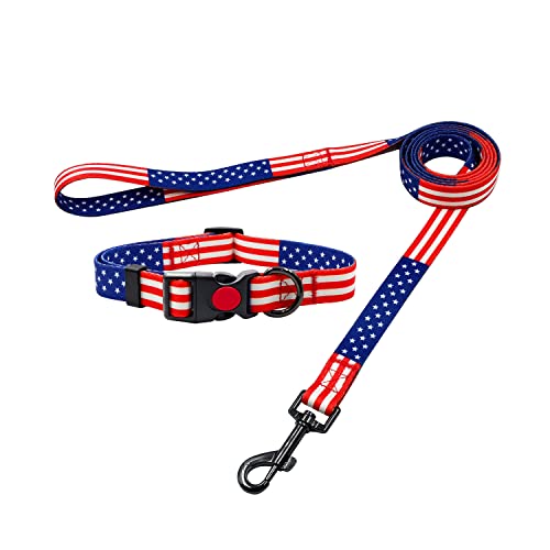 Olahibi Dog Collar and Leash Set, American Flag Pattern, Polyester Material, 5ft Leash, for Medium Dogs.(M, US Flag Set)