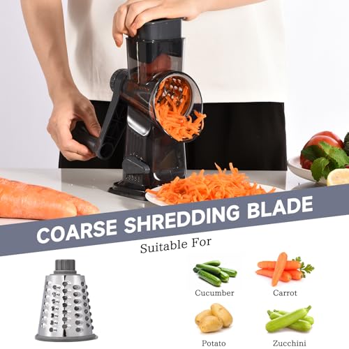 Image of Rotary Cheese Grater with Handle Kitchen Shredder Slicer Grater Slicer Ice Shaver Cheese Vegetable Nuts Potato Zucchini Chocolate 3 Interchangeable Blades (Dark Grey TSP)