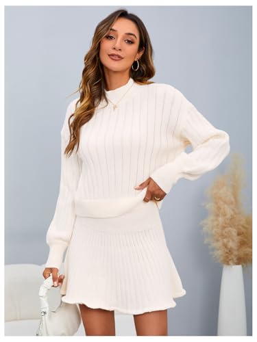 Image of MakeMeChic Women's Sweater Skirt Sets 2 Piece Outfits Ribbed Knit Mock Neck Sweater Pullovers A Line Mini Skirt Set