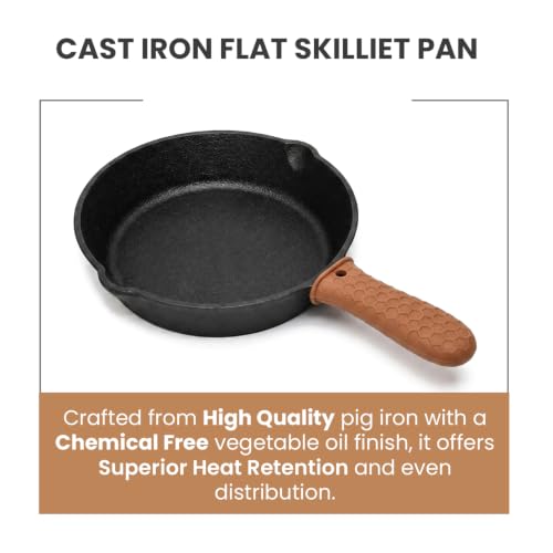 Image of HomeEssentials 20cm Non-Stick Cast Iron Skillet Pan with Silicone Sleeve | Pre-Seasoned Frying Pan, Mini Cast Iron Pan, For Omelette | Induction Friendly | Naturally Nonstick, 100% Pure & Toxin-Free