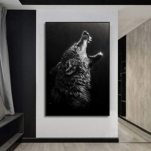 Peinture loup noir et blanc grand format pour habiller un mur vide sans cadre