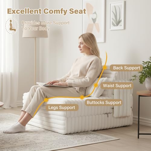 Image of Tiita Folding Sofa Bed Twin Size, Convertible Sleeper Chair Mattress with Pillow, Thick Corduroy Floor Mattress Couch Bed with Side Pocket, Guest Room, Dorm, Apartment, Beige