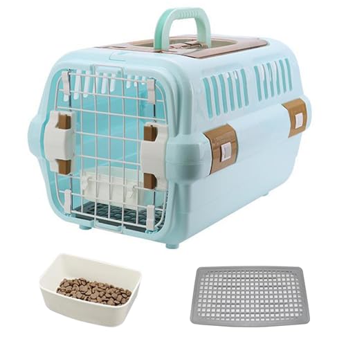 ペットキャリー 猫 用キャリー コンテナ ダブルドア 耐荷重5-10KG 頑丈 フードボウル&メッシュカバー付き キャリーケース 大きめ 持ち運び 航空機対応ペットキャリー 旅行 通院 防災 簡単組立 犬 キャリーケース (Color : 青, Size