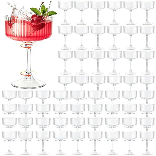 Image of 100 Pcs Plastic Martini Glasses Disposable,10oz Ribbed Martini Glasses | Unbreakable, Vintage Coupe Cocktail Glasses Set with Detachable Stem for Wedding Birthday Party Bar Supplies, Clear