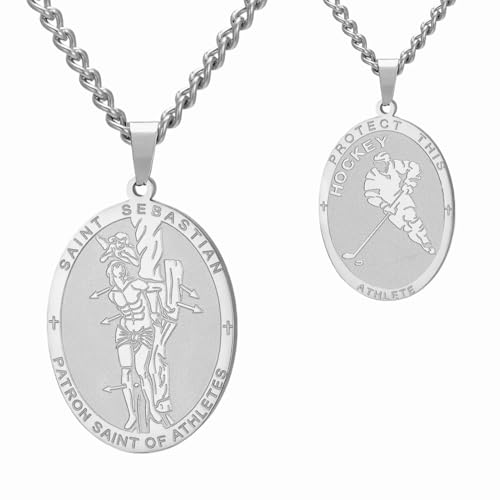Dreamtimes St. Sebastian Medal Necklace for Men Women Stainless Steel Religious Saint Patron of Athletes Catholic Necklace Gift for Him Her (Hockey-S)