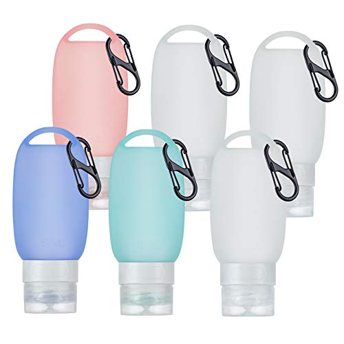 Travel Bottles for Toiletries, Silicone Travel Size Bottles And Squeezable Containers Holders with belt clip Keychain for Backpack, Shampoo, Liquid, Cosmetic Products(2 oz, 6 Pack)