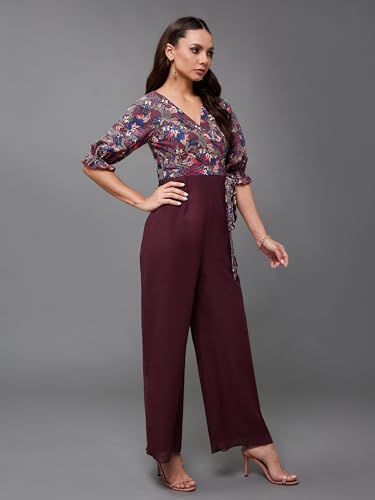 Image of Miss Chase Women's V-Neck Half Sleeve Tropical Wrap-Styled Jumpsuit