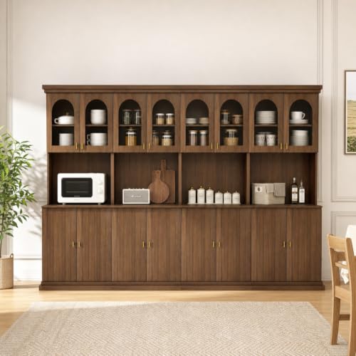 Image of ivaniti 71 inch Farmhouse Kitchen Pantry Cabinet Set of 4 with Arched Glass Doors, Dark Brown Freestanding Coffee Bar Hutch with Microwave Stand and Adjustable Shelves for Kitchen