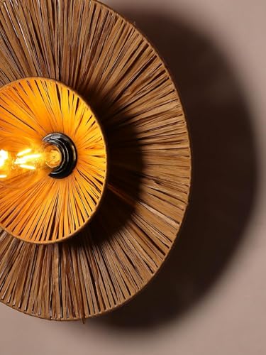Image of Export India Round Raffia Wall Sconce Light | Bamboo Wall Lamps | Cane and Rattan Raffia Wall Lamp | Light for Home, Restaurants, Offices, Bedroom || Dia 16 inch