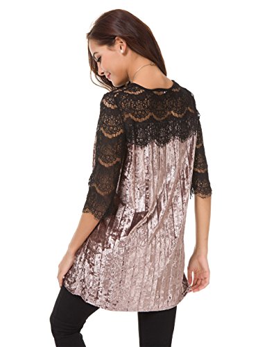 Atnlewhi Womens Mesh Velvet Dressy Tunic Pullover 3/4 Sleeve Lace Cocktail Party Swing Flowy Short Dress Khaki - Thumbnail 7