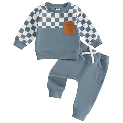 MoZiKQin Toddler Baby Boy Fall Clothes Checkered Color Block Long Sleeve Sweatshirt with Solid Pants 2Pcs Winter Outfits (Blue Plaid, 2-3T) Cover