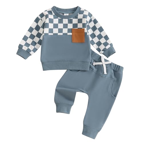 Image of MoZiKQin Toddler Baby Boy Girl Clothes Checkered Color Block Long Sleeve Sweatshirt with Pants Set 2Pcs Fall Winter Outfits
