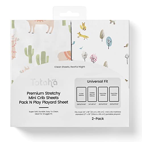 Image of TotAha Premium Stretchy Pack N Play Playard Sheets | Mini Crib Sheets (2-Pack) -Hypoallergenic, Silky Comfort, Buttery Soft, Calming Effect, All-Season Jersey-Knit (Dakota Woodland & Cactus Horse)