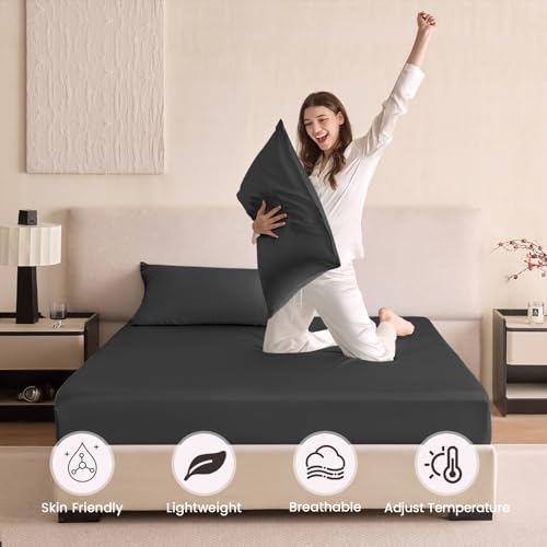 THXSILK 6A+ Top Grade 100% Pure Mulberry Silk King Fitted Sheet 3Pcs Set Bed Sheets Luxury Bedding for Hair and Skin Breathable Cooling Safe Material, 1 Fitted Sheet with 2 Pillowcases, Black - Image 4