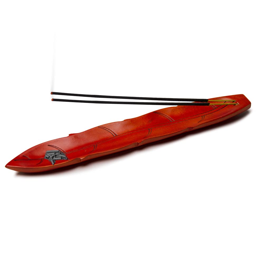 Soulveda Cycle Pure Wooden Agarbatti Stand with Ash Catcher (Cherry Red) | Handmade Incense Sticks Holder | Leaf Shape Dhoop Stick Holder Teak Wood
