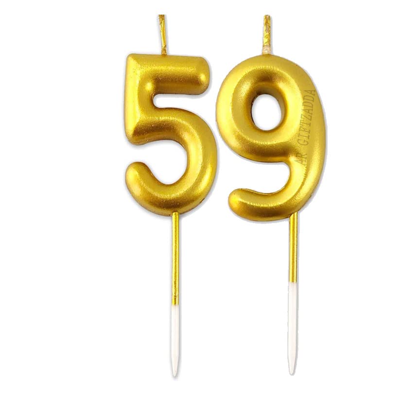 Image of AR Giftzadda 59 Number Cake Topper Golden Chrome Candle for 59th 95th Birthday /Anniversary Party Celebrations Pack of 1 (59 Number Gold Chrome Candle)
