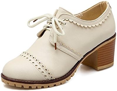 Susanny Classic Retro Pu Oxfords Brogue Shoes Women's Mid-Heel Wingtip Lace Up Dress Beige Shoes 11 B (M) US