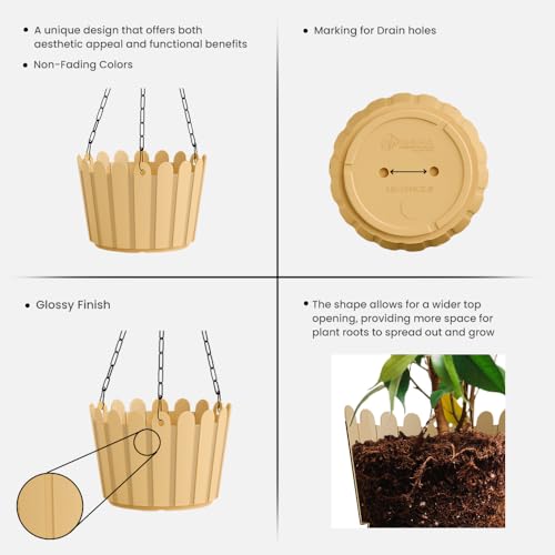 Image of YUCCABE ITALIA SHERA Hanging Fence 8 INCH Planter Pot Plastic Flower Hanging Pots for Home Decoration Sutiable for Indoor and Outdoor (Beige, Pack of 6)