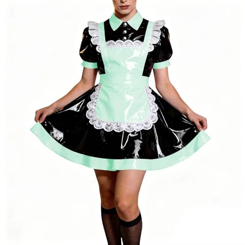 Robe de demoiselle d'honneur Lolita en cuir PVC vert avec manches bouffantes