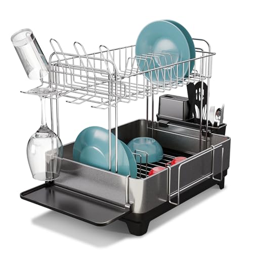 Home-Zone-Living-Large-2-Tier-Stainless-Steel-Dish-Drying-Rack-with-Drain-Pipe-and-Utensil-Holders Home Zone Living Large 2-Tier Stainless Steel Dish Drying Rack with Drain Pipe and Utensil Holders - Image 1